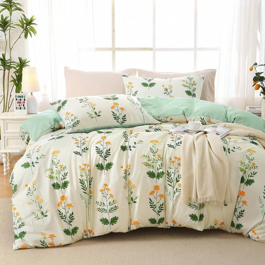 Duvet Cover King Size, Reversible Floral Lavender Duvet Cover Set With Zipper Closure, 3 Pieces Botanical Patterns Soft Microfiber Bedding Set (90"X104", 2 Pillow Cases 20"*36") - 05 - Honeysuckle Cream (No Comforter) - View 1