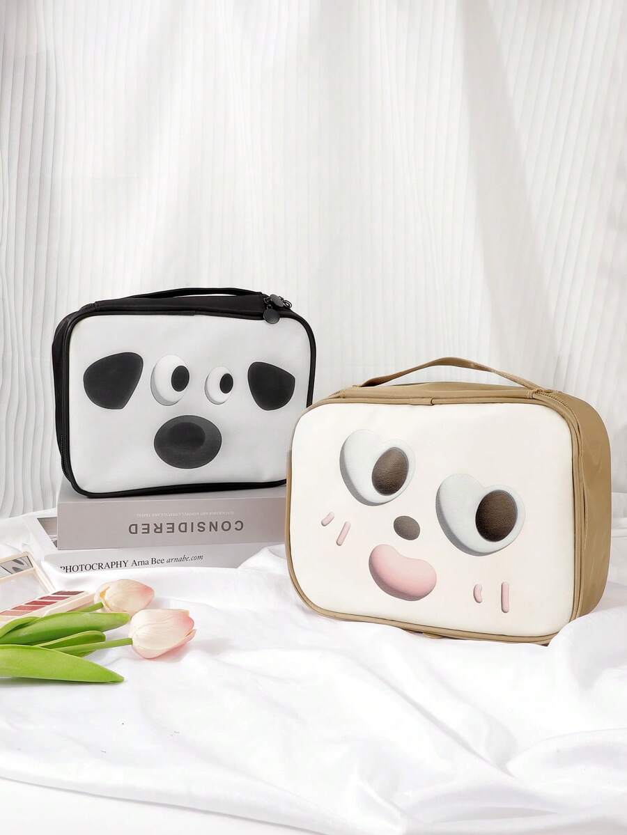 RANCAI 1/2pcs Cartoon PU Waterproof Makeup Bag Travel Handheld Large Capacity Toiletry Bag Portable Toiletry Supplies Cosmetics Storage Cute Funny Smile Face Doll Pattern Adorable Q-Style Suitable As Gift For Girls - Multicolor - View 1