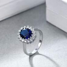 1pc Luxury Design Sapphire Zirconia Inlaid Ring, Elegant Sapphire Wedding Band Suitable For Daily Wear