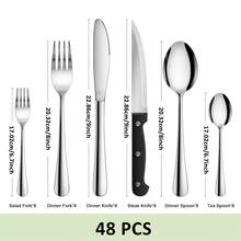 48-Piece Silverware Set With Steak Knives For 8, Stainless Steel Flatware Cutlery Set For Home Kitchen Restaurant Hotel, Kitchen Utensils Set, Mirror Polished, Dishwasher. - 48PCS - 查看 3