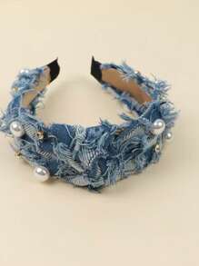 1 buc. Bandă de păr încrustată cu perle pentru femei, stil coreean nou, accesoriu de păr cu nod mijlociu, denim spălat, cerc larg pentru păr