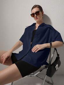 QIANZHIDU 2024春夏秋季纯女式时尚衬衫，优雅半袖纽扣衬衫，办公室精美女式上衣，夏季女装，春季女装，夏季上衣，情人节和新年服装 - 藏蓝色 - 查看 2