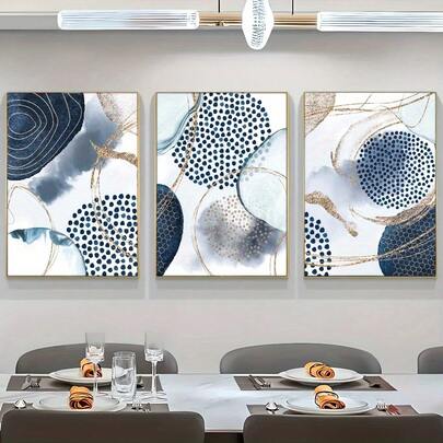 3pcs/Set Framed Canvas Artwork, Which Is Suitable For Flexible Wall Decoration In Various Environments-Wooden Frame Prints, With Abstract Design, Navy Blue And Gold Geometric Patterns And Contemporary Art, Is Suitable For Home And Dormitory Decoration, Living Rooms, Bars And Cafes.