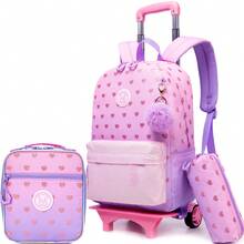 Set de 3 mochilas con ruedas para niñas - Mochila con ruedas para estudiantes de primaria - Equipaje de mano tipo mochila - El mejor regalo para niñas - Bolso con ruedas Love con estampado dorado multicolor - Ver 2