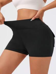 Pantalones cortos deportivos de cintura alta tipo cargo para mujer, leggings de compresión con pliegues y bolsillos con solapa que levantan el trasero