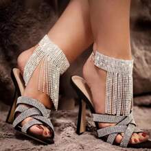 Tornozeleira feminina com strass da moda, corrente de tornozelo com borla brilhante, acessório para salto alto
