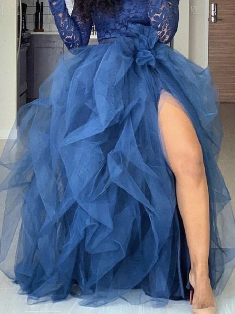 Women Long Tulle Tutu Skirt High Waist Layered A-Line Puff Mesh Skirt Floor Length Split Half-Dress Princess Skirt - Màu xanh hải quân - Xem 1