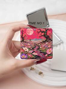 千禧系列便携式梳妆折叠镜，轻巧超薄，方便手持，PU皮革，适合多场景和所有人，折叠方形便携式口袋镜，Y2K花卉女孩图案设计，精致细腻的折叠结构，可靠，防震，易于携带和握持
