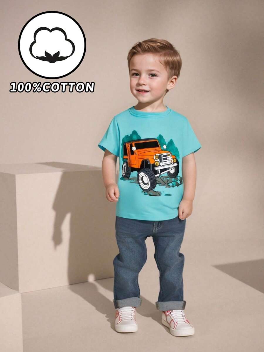 1pc Young Boys Cartoon Off-Road Vehicle Print Round Neck Short Sleeve T-Shirt, Casual Outdoor Wear, Fashionable Spring/Summer Style