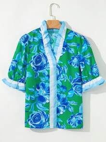Acelitt 休闲V领荷叶边下摆短袖印花套头衫，夏季 - 彩色 - 查看 6