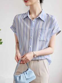 Áo sơ mi nữ Pháp, Áo sơ mi nữ tay ngắn thường ngày mùa hè, Áo sơ mi in thời trang, Áo sơ mi nữ trang trọng, Thích hợp để mua sắm, mua sắm và du lịch, Áo nữ Ngày Độc lập - Màu xanh lam - Xem 1