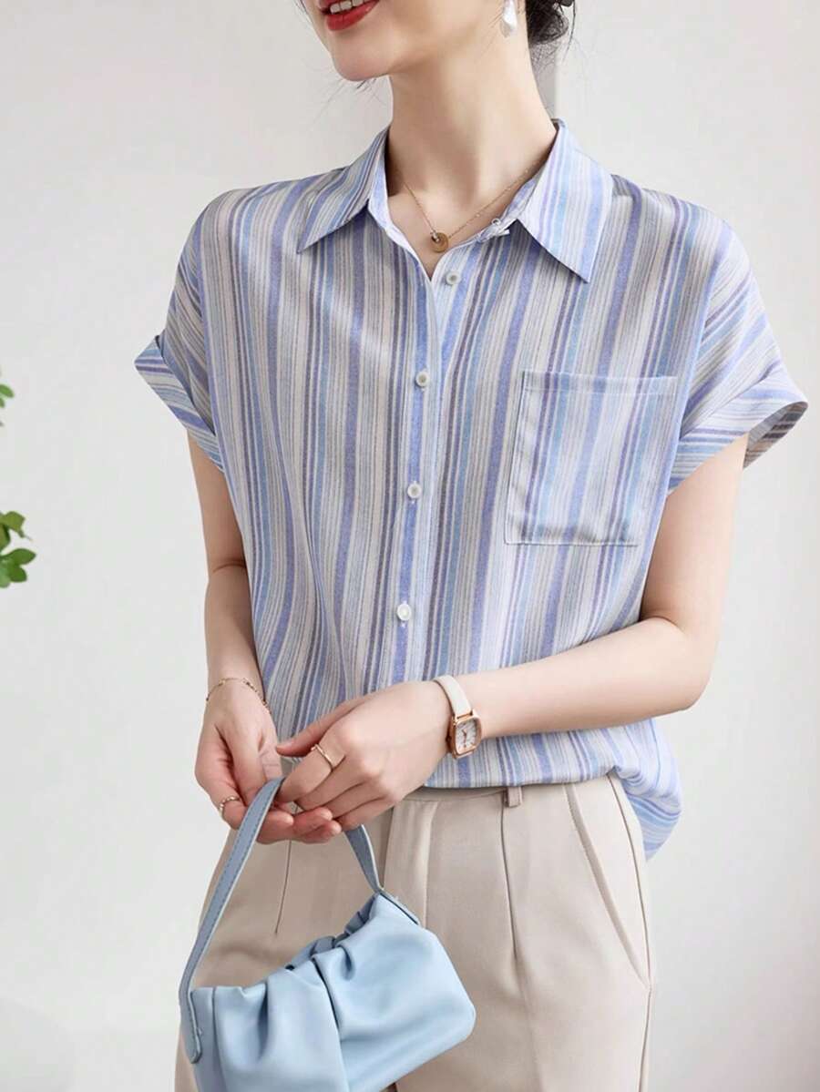 Áo sơ mi nữ Pháp, Áo sơ mi nữ tay ngắn thường ngày mùa hè, Áo sơ mi in thời trang, Áo sơ mi nữ trang trọng, Thích hợp để mua sắm, mua sắm và du lịch, Áo nữ Ngày Độc lập - Màu xanh lam - Xem 1