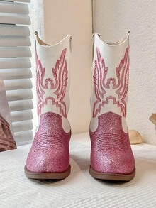 1 双儿童火焰图案亮片饰边仿皮靴，中筒拉链，低跟，西部牛仔风格，适合休闲/派对穿着 - 玫紅色 - 查看 4