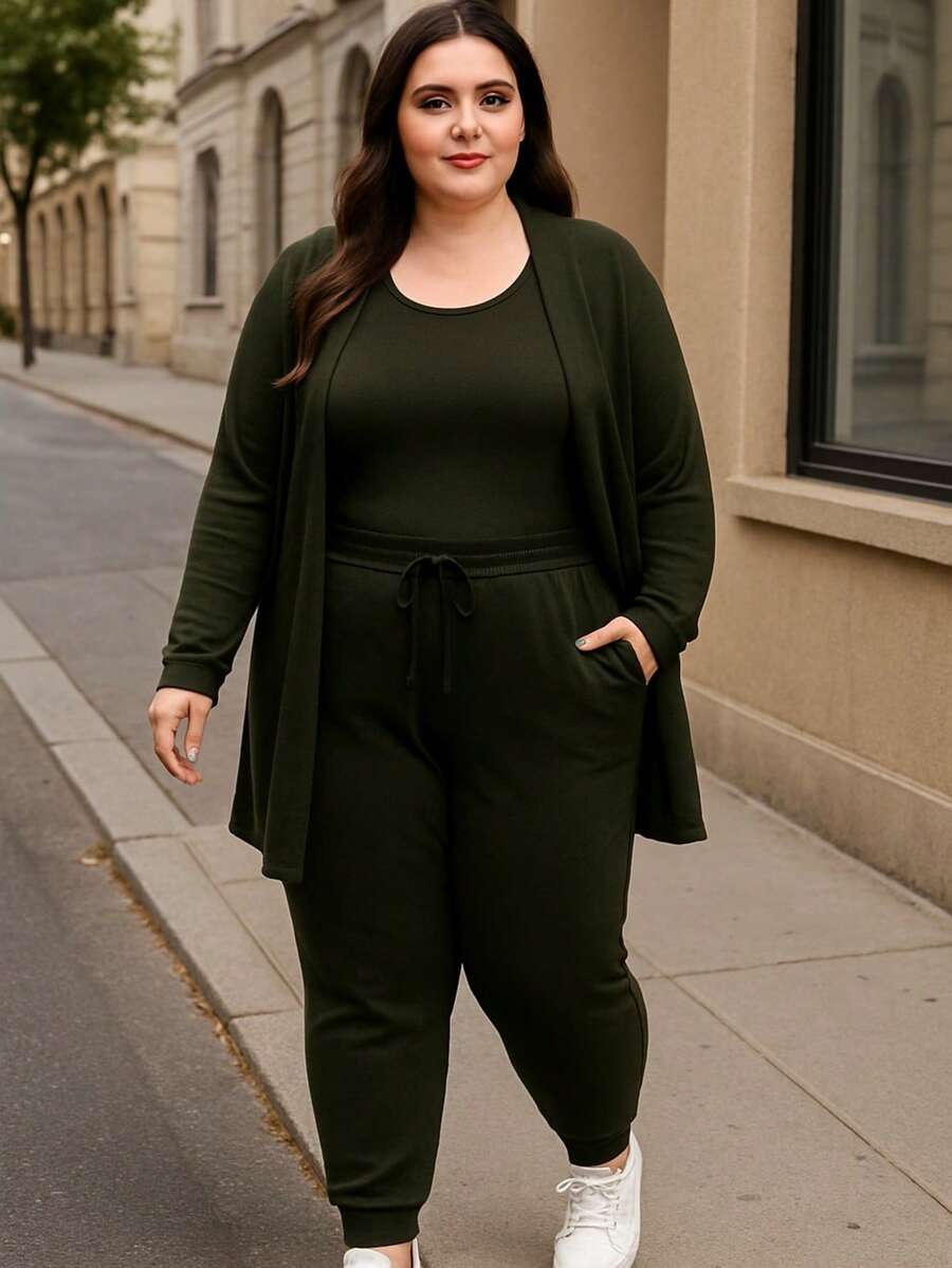 Plus Size 3 Piece Wool Set Cardigan Tank Top Pants Simple Casual Elegant - Army Green - View 1