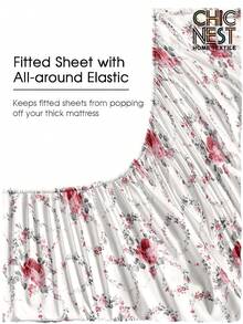 四件套花园玫瑰花叶图案床上用品套装，包含1个床笠、1个床单和2个枕套（不含枕头），豪华床笠套装适用于单人床、双人床、大号床和特大号床，深口袋设计，柔软透气，抗皱，提升睡眠质量，优雅酒店风格，是送给父母、朋友或宿舍使用的理想礼物。 - 白色 - 查看 6