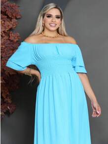 Vestido midi tres marias ciganinha ombro a obro lastex franzido tecido duna