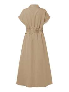 ZANZEA Women Short Sleeve Buttons Elastic Waist Summer Casual Loose Shirt Dresses Office Formal Work Long Dress - 卡其色 - 查看 3