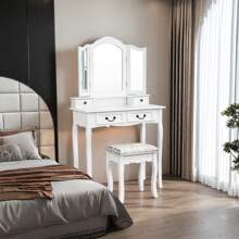 Set da toeletta bianco con sgabello, toeletta moderna con sgabello e specchio, con cassetti, tavolo in legno e sgabello imbottito per camera da letto, bagno