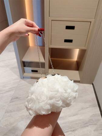 1 件精致花朵设计手拿包、人造珍珠手提包、白色浪漫婚礼钱包、新娘包、正式派对晚宴包（带链条）