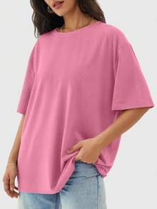 Speed mate 女士宽松圆领短袖T恤，休闲衬衫，Y2K 2024基础款T恤，夏季 - 粉色 - 查看 4