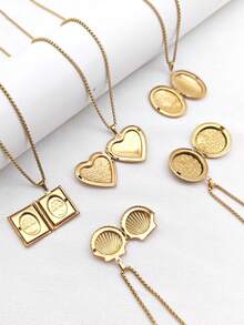 1pc Stainless Steel Minimalist Heart, Square, Oval Shaped Locket Necklace, DIY Photo Storage, Holiday Souvenir, Valentine's Day Gift - Yellow Gold - View 5
