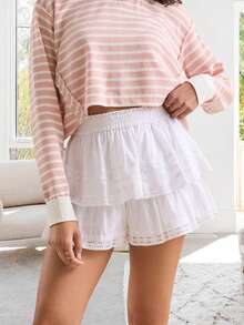 Pantalones cortos de mujer con volantes en capas, sueltos, de patchwork con encaje, de cintura elástica, de color sólido/floral, shorts mini casuales de verano para uso urbano - Blanco - Ver 3