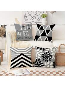 4 moderne Kissenbezüge mit geometrischem Muster, 45,7 x 45,7 cm, schwarz-grau, dekorative Kissenbezüge, geeignet für Zuhause, Terrasse, Sofa – Reißverschluss, Polyestergewebe, Outdoor-Dekor | Geometrische Muster | Kissenbezüge mit Reißverschluss, dekorative Kissen, Raumdekoration, Heimdekoration, Schlafzimmerdekoration, Kissenbezug