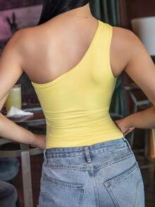 Carolina Barros Women's Solid Color Simple Daily Asymmetrical Neck Bodysuit Women Bodysuits - Yellow - View 9