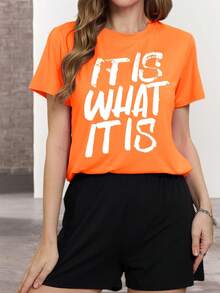Women's Fashionable Versatile Slogan Print Short Sleeve T-Shirt - Orange - View 4