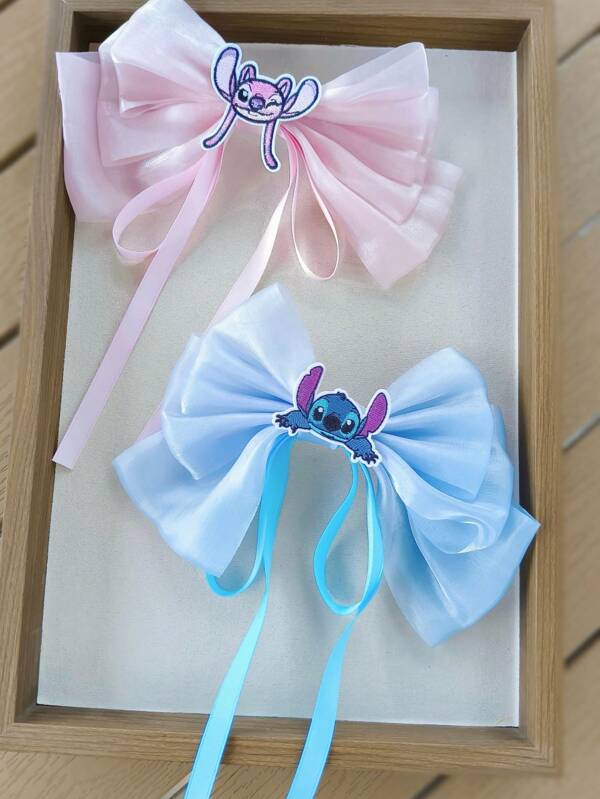 Disney Disney Girls Hair Accessories, 2pcs/Set Stitch Satin Bow Hair Clips, Sweet Princess Style, Party Hair Decoration, Daily Wear Gifts