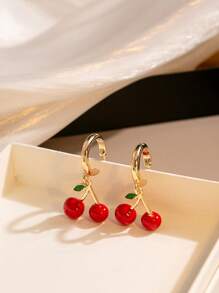 1 Pair Fruit Cherry & Strawberry Hoop Earrings, Cute Girl Daily Earrings Decor
