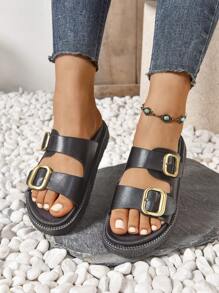 1 par de sandalias bohemias de suela gruesa con hebilla, para playa, resort, exterior, verano, moda, versátil, plataforma tipo chanclas