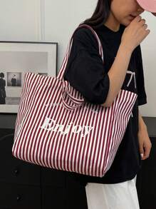 1 bolsa feminina da moda, bolsa de ombro, bolsa retangular de grande capacidade, estampa de letras listradas, material de lona resistente a arranhões e durável, adequada para compras, encontros, festas, deslocamento para o trabalho, bolsa vermelha casual elegante e prática