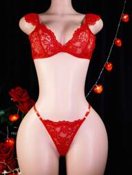 2pcs/Set Romantic Red French Lace Sexy Lingerie Set, Ruffled Lace Strap Bra 1 + Heart Decor Thong Panty 1, Lace-Up Camisole Bra + Thong Set, Suitable For Date, Christmas, Valentine's Day, Party