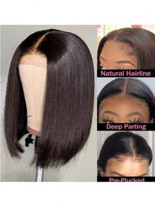 Peruci mixte - Un amestec de păr uman amestecat și sintetic, peruci cu dantelă frontală 13x4, peruci scurte bob amestecate, pre-smulse cu păr de bebeluș, drepte, 13x4, transparente, cu dantelă frontală, peruci de păr uman amestecat pentru femei, densitatea părului amestecat 180% (peruci bob 6-16 inci), păr amestecat