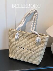 休闲度假大容量草编托特包，别致优雅的女士单肩手提包 - 黑色 - 查看 3