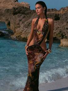 Women's Summer Fashion Elegant Tie Dye Mesh See Through Printed Halter Backless Slit Embellished Maxi Long Dress Beach Vacation Holiday Cover Up Dress Sexy Clothes