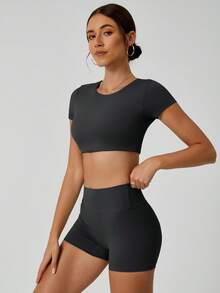 NcmRyu Women's Sexy Fitted Stretchy Short Sleeve Shorts Sports Set - màu đen - Xem 7