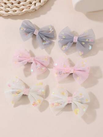 6 st hårspännen i nät med rosett för flickor