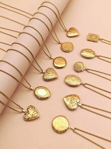 1pc Stainless Steel Minimalist Heart, Square, Oval Shaped Locket Necklace, DIY Photo Storage, Holiday Souvenir, Valentine's Day Gift - Yellow Gold - View 12