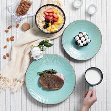 vancasso 16 Piece Relief Green Ceramic Tableware Set Including Plates, Desserts, Bowls, Mugs, 4-Piece Set Serving 4 People