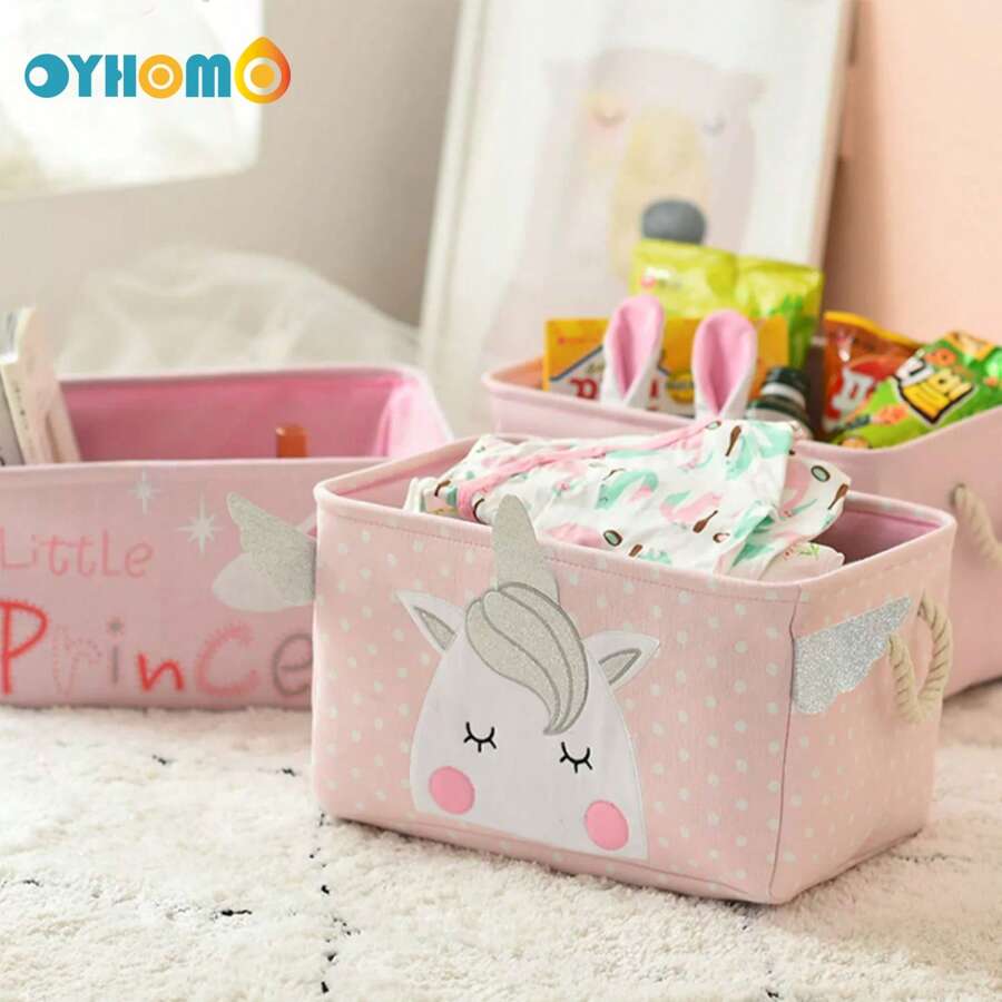 OYHOMO Cute Unicorn & Rabbit Storage Basket Pink Girls Bedroom Organizer Collapsible Thick Fabric Storage Box Laundry Hamper For Toys, Clothes, Books, Bathroom, Living Room