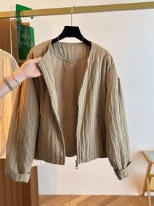 Women's Casual Jacket, Striped Woven Fabric, Pockets With Zipper, Puff Shoulder Design, Oversized Fit, Suitable For Various Figures, High-Quality Solid Color, Simple And Fashionable, Versatile For Daily Commute In Autumn/Winter - Khaki - View 10