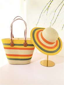Set di cappello di paglia a tesa larga a righe colorate e borsa intrecciata in paglia, stile bohémien, cappello da spiaggia e borsa a tracolla, protezione UV, adatto per all'aperto, vacanze, spiaggia, uso quotidiano - Multicolore - Visualizzare 1