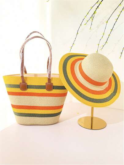 New Colorful Stripe Wide Brim Straw Hat + Straw Woven Bag Set, Bohemian Style Beach Hat And Tote Bag, UV Protection, Suitable For Outdoor, Vacation, Beach, Daily Use