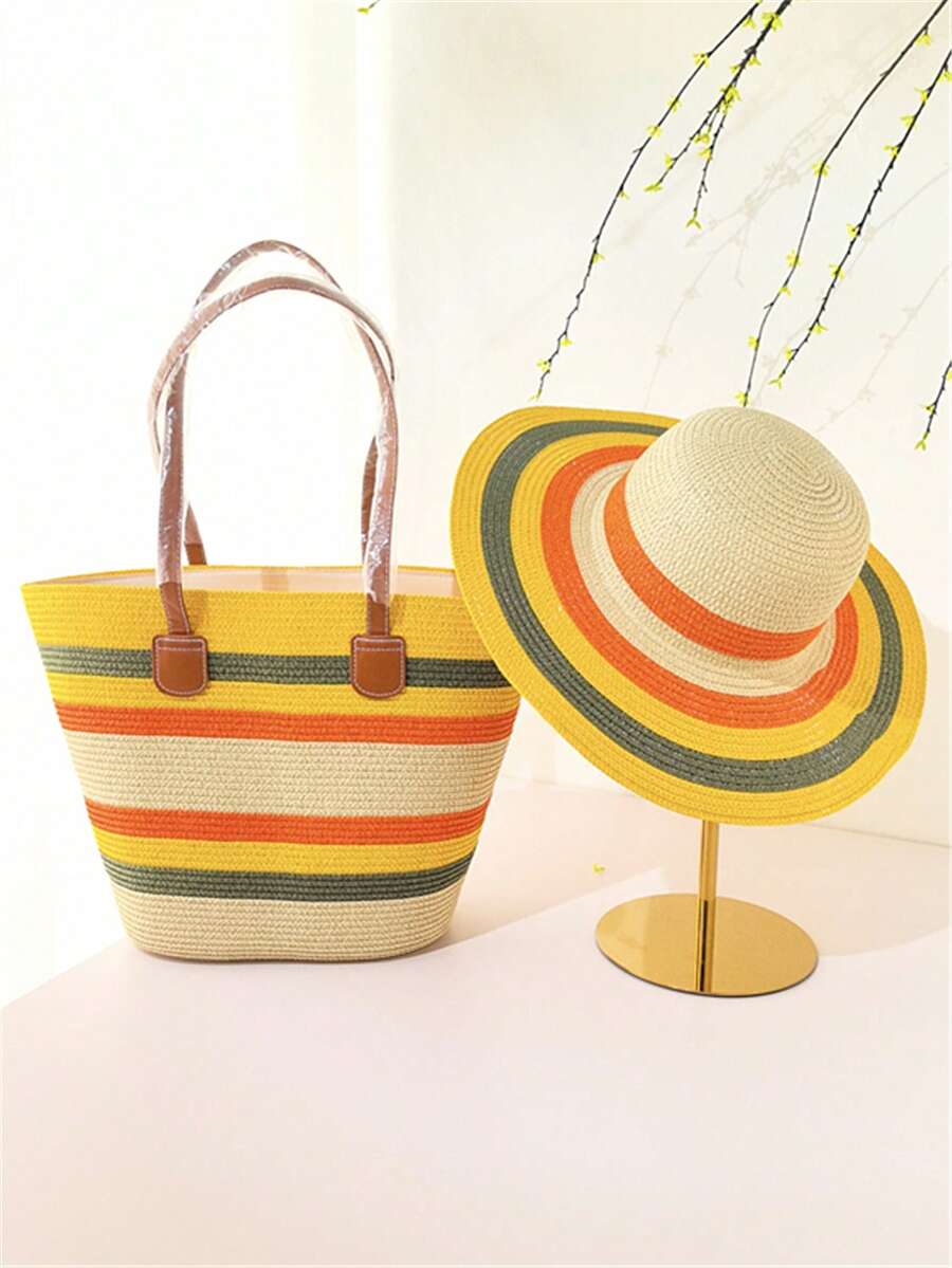 Set di cappello di paglia a tesa larga a righe colorate e borsa intrecciata in paglia, stile bohémien, cappello da spiaggia e borsa a tracolla, protezione UV, adatto per all'aperto, vacanze, spiaggia, uso quotidiano - Multicolore - Visualizzare 1