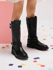 Unisex-Child Black Buckle Knee High Riding Boots - Black - View 3