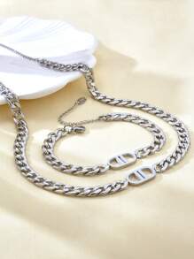 1pc/Set Hip Hop Punk 18K Gold Plated Stainless Steel CD Cuban Chain Necklace And Bracelet Jewelry Set, Suitable For Daily Wear And Parties, Accessories
