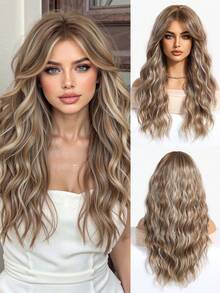 女士长波浪渐变棕色混合金色挑染假发，合成发质，耐热渐变色假发，适合日常派对角色扮演使用 - 24 英寸 - 漸層棕色 - 查看 3