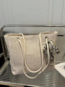 新款时尚女士大容量编织手提包，百搭单肩斜挎包，休闲时尚手提包 - 米色 - 查看 7